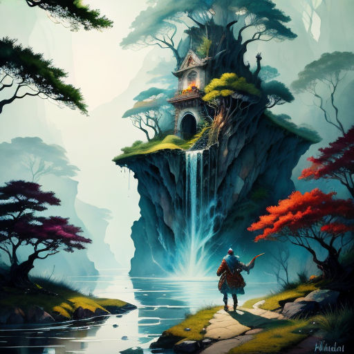 a painting of a man riding a horse near a waterfall with a castle on it's cliff and a waterfall coming out of it