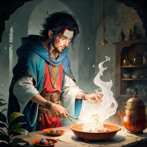 a man in a blue robe cooking a bowl of food on a table with a pot of soup in front of him