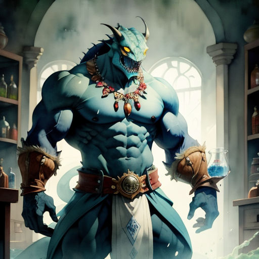 a painting of a demon with a sword and a demon mask on his head and hands in his hands