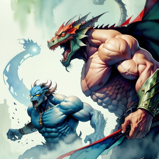 a man with a sword and a dragon on his back fighting with each other in a battle of two