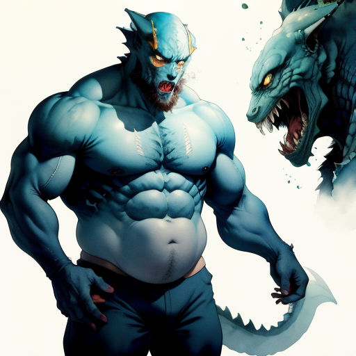 a man with a demon face and a demon head on his chest, standing next to a dragon with a huge mouth