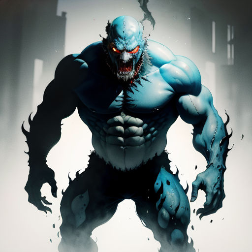 a man with a demon face and a demon like body is in a foggy area with a building in the background