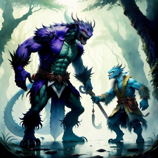 a couple of monsters standing next to each other in a forest with trees and rocks on the ground,
