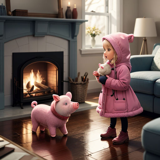 a little girl in a pink coat standing next to a pig toy in front of a fireplace in a living room
