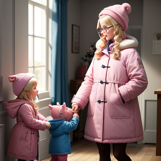 a woman in a pink coat and a little girl in a blue coat and a pink hat and a pink pig