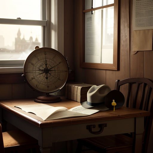 a desk with a book and a compass on it in a room with a window and a chair and a window