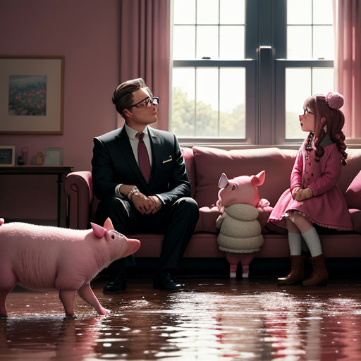 a man and a little girl sitting on a couch with pigs in front of them and a man in a suit