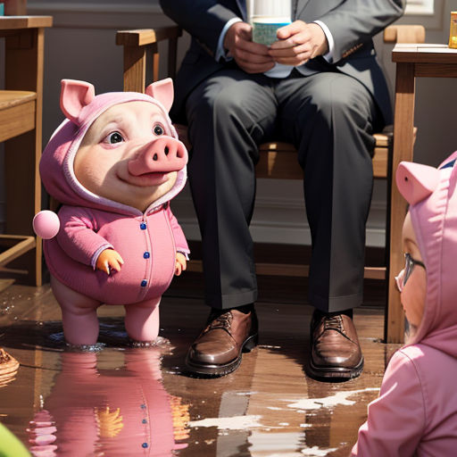 a man in a suit and tie sitting next to a pig doll and a little girl in a pink outfit