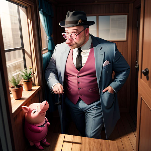 a man in a suit and tie standing next to a pig in a room with a window and a potted plant