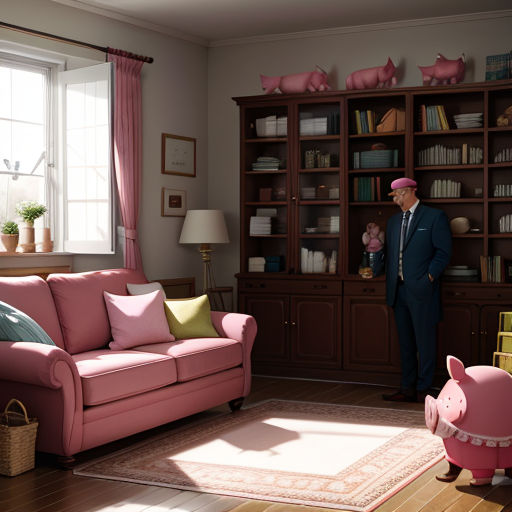 a man in a suit and pink hat standing in a living room with a pink couch and a pink pig