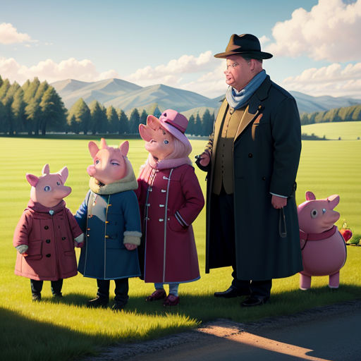 a man standing next to three pigs in a field with a woman and two children standing next to them
