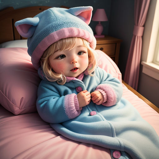 a little girl laying on a bed wearing a blue cat outfit and a pink hat with ears and tail