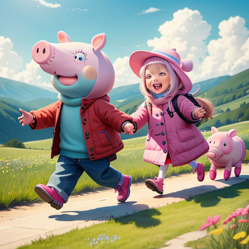 a little girl and a pig running down a path in a field with flowers and hills in the background