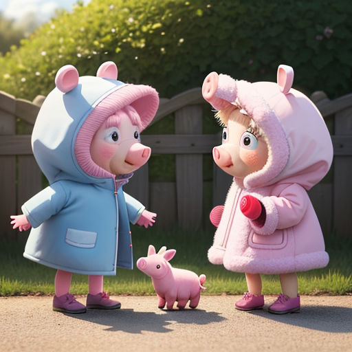 a pig and a piggy doll are standing in the street with a pig in a pink coat and a pig in a blue coat
