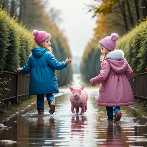 two little girls walking down a path with a pig in hand and a pig in the other hand,