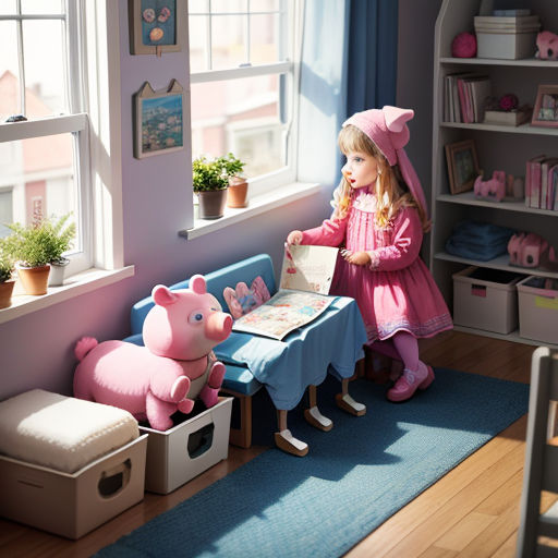a little girl standing in a room with a table and a pig toy next to a window with a blue curtain