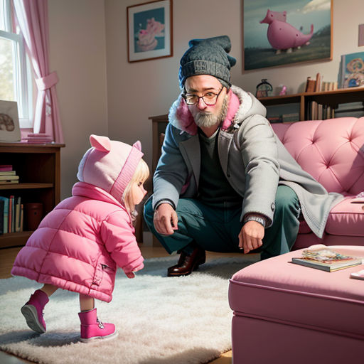 a man kneeling down next to a little girl in a pink room with a pink couch and ottomans