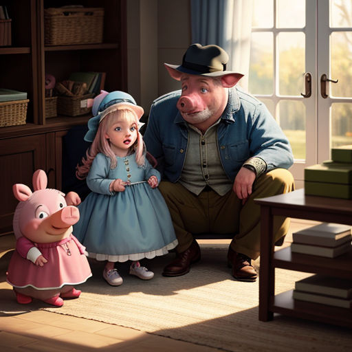 a man and a little girl are in a room with a pig and a piggy toy in front of them