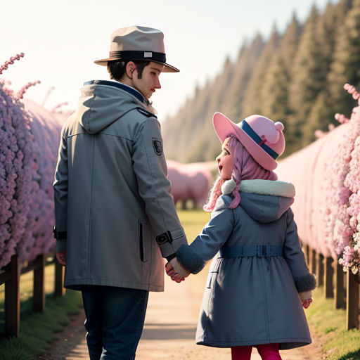 a man and a little girl walking down a path holding hands and looking at pink flowers on the trees