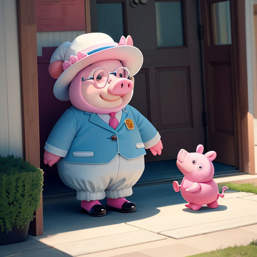 a pig and a piggy standing in front of a house with a pig toy next to it on the sidewalk