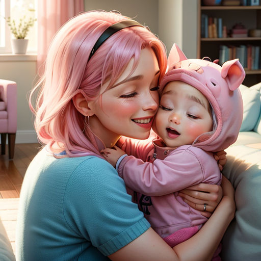 a woman holding a baby in her arms and smiling at the camera while sitting on a couch with a pink pig costume on