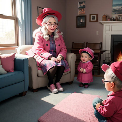 a woman in a pink coat and hat sitting on a couch with two children in a living room with a fireplace
