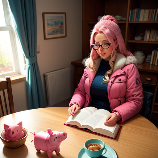 a woman sitting at a table with a book and pig figurine on it, reading a book