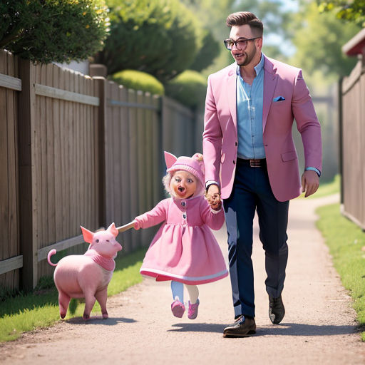 a man and a little girl walking down a path with a pig toy in hand and a pig toy in the other hand