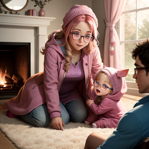 a woman and a child sitting on a rug in front of a fireplace with a man looking at the woman