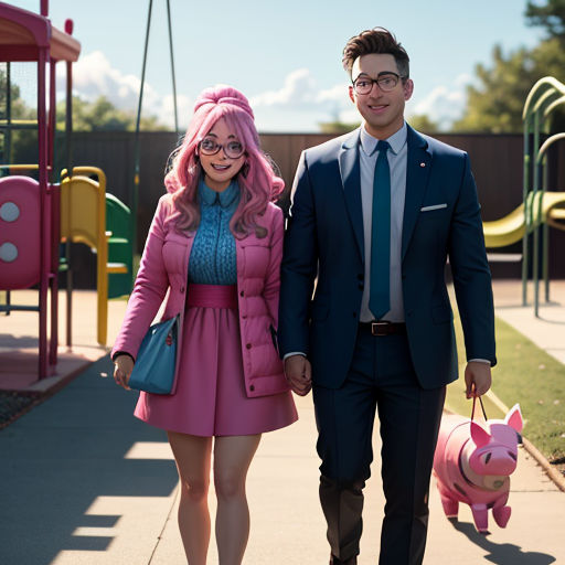 a man and woman walking down a sidewalk holding hands and a piggygygygygygygygygygygygygygygygygygygygygygygygygygygygygygygy