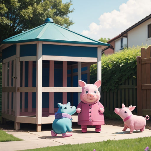 a group of peppa pig statues in a yard next to a small house and a small pig house