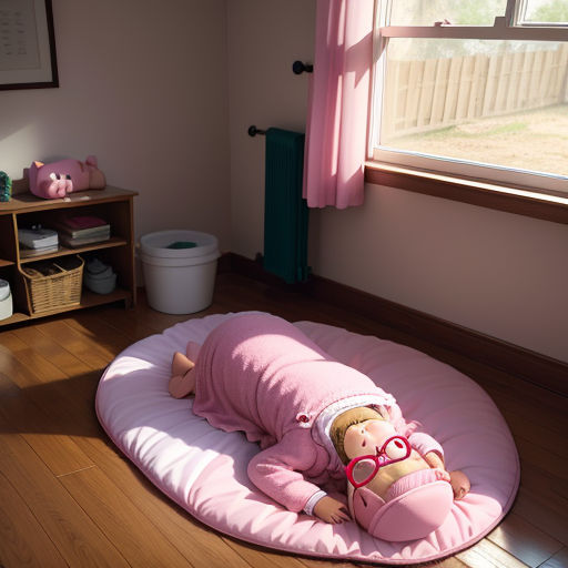 a baby doll laying on a pink mat in a room with a window and a pink curtain and a pink curtain
