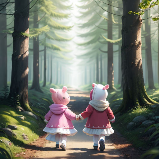 two children walking down a path in the woods holding hands with a pig in a pink dress and a white hat