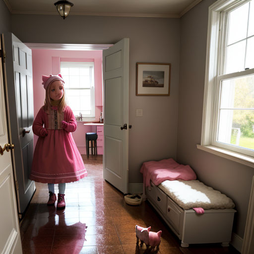 a little girl in a pink dress standing in a room with a dog on the floor and a pink bed