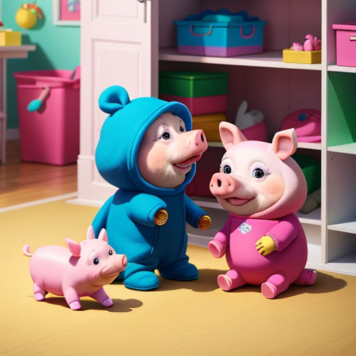 a pig and a piggy are standing in a room with shelves and toys on the floor and a pink pig is standing next to the pig