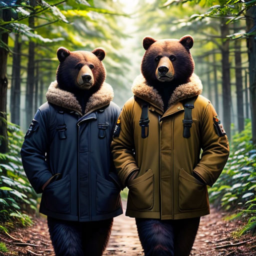 two bears are standing in the woods wearing jackets and jackets with hoods on their heads and one is wearing a jacket with a hood