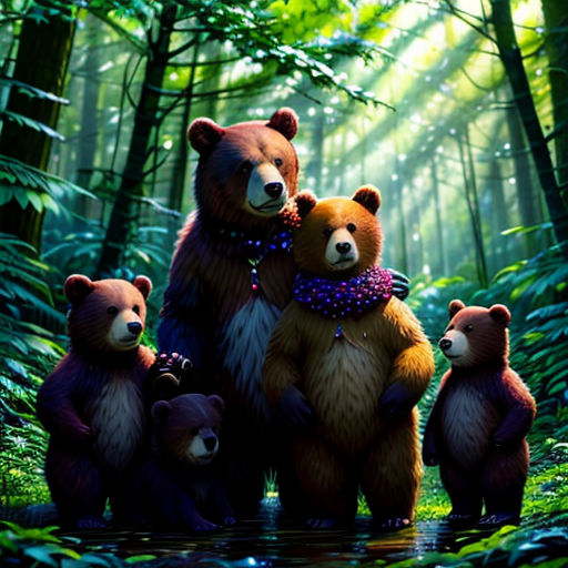 a group of bears standing in the woods together with a baby bear on their back and a baby bear on its back
