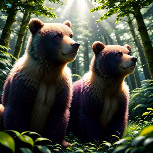two bears sitting in the middle of a forest with the sun shining through the trees and the leaves on the ground