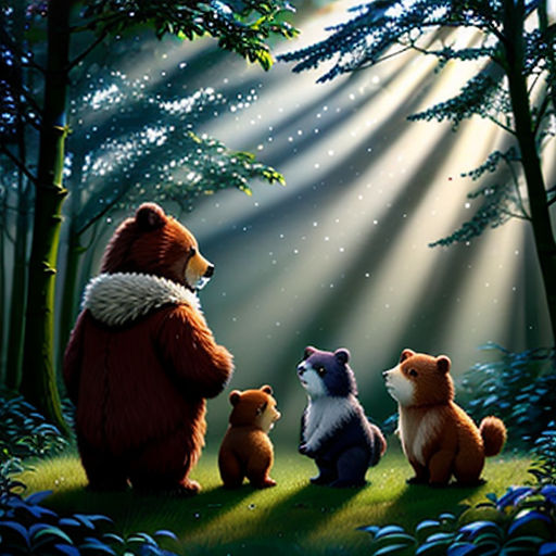 a painting of a bear family in the woods with the sun shining through the trees and the ground behind them