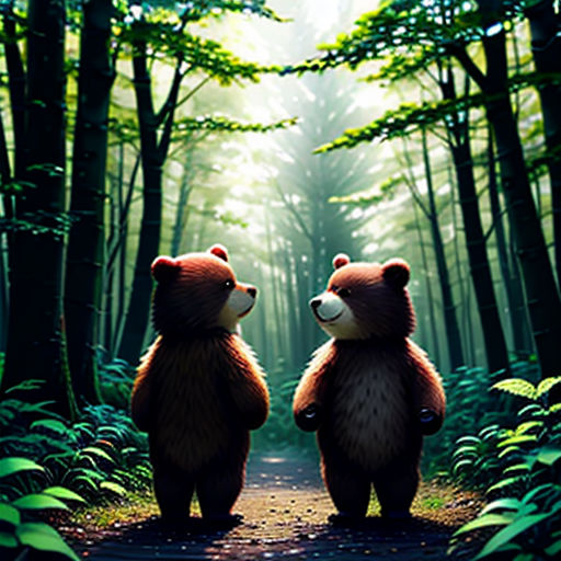 two bears standing in the middle of a forest with trees and grass on either side of them, facing each other