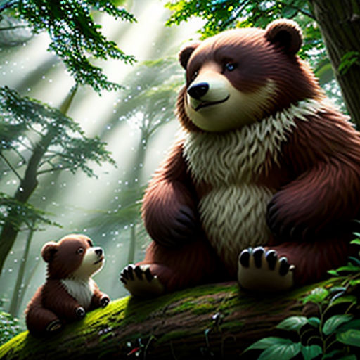 a bear and a cub sitting on a tree branch in the woods with a sunbeam in the background
