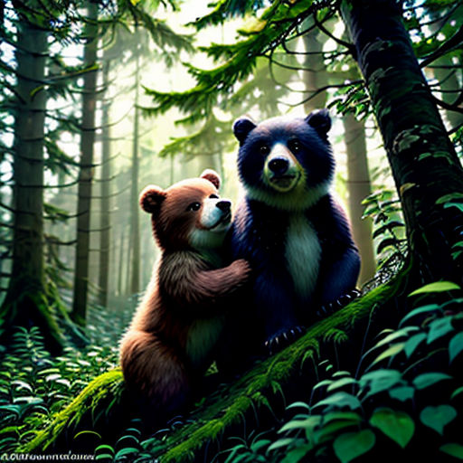 two bears are sitting in the woods together, one is hugging the other is looking at the camera and the other is looking at the camera