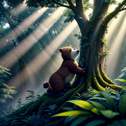 a bear sitting on a tree in the middle of a forest with sunlight streaming through the trees and a bear cub sitting on the tree