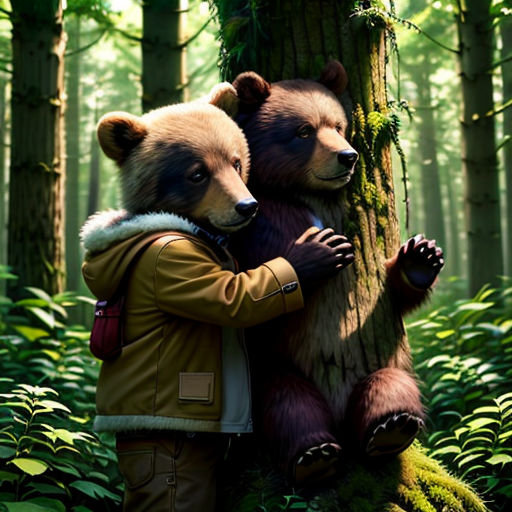a man hugging a bear in the woods with a tree in the background and a forest scene in the background