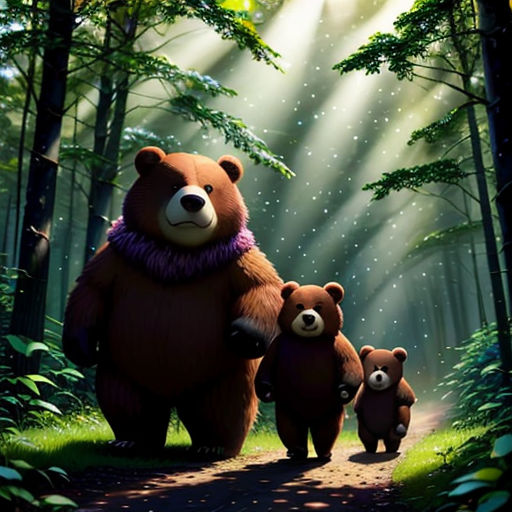a bear family walking through a forest with sunbeams and stars in the sky above them, with a bear holding a baby bear's hand