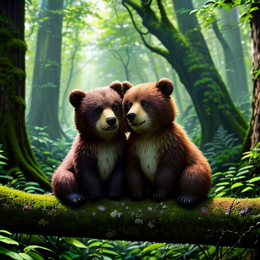 two bears sitting on a log in a forest with green trees and mossy ground, with a bright light shining on them