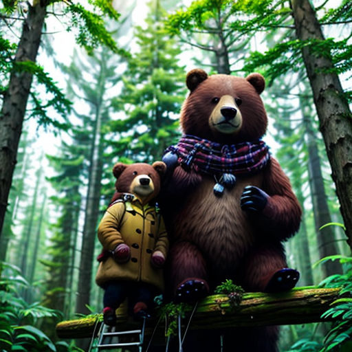 a large bear and a small bear are on a log in the woods, with a ladder in front of them