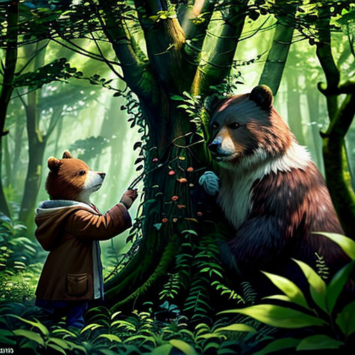 a bear and a bear cub are in the woods together, and a man is holding a bear's paw