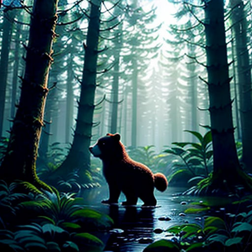 a bear standing in the middle of a forest with a stream running through it's forest floor, with a forest scene in the background
