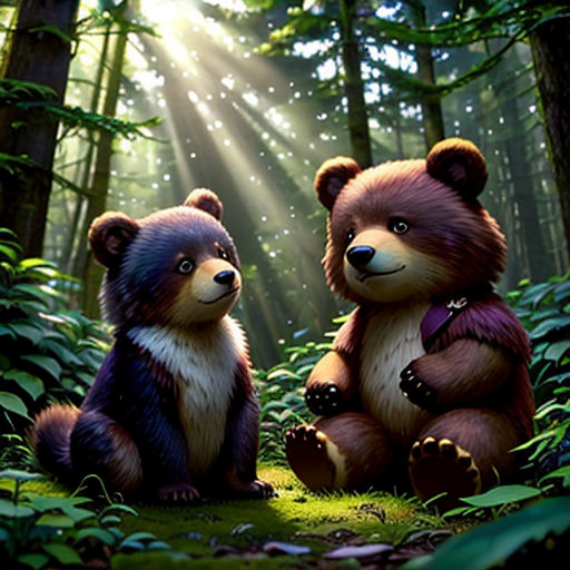 two bears sitting in the woods with sunlight shining through the trees behind them and a forest floor with green grass and trees